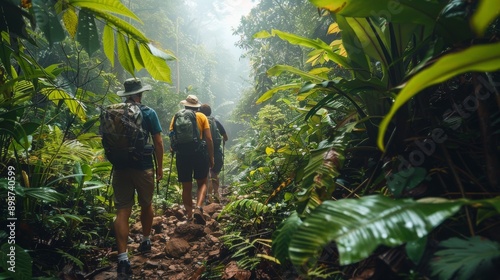 Group of People Walking Through Lush Green Forest