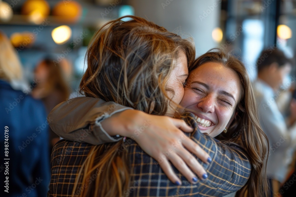 businesswomen celebrating embracing in office. goal achievement and success businesswomen celebrating embracing in office. goal achievement and success