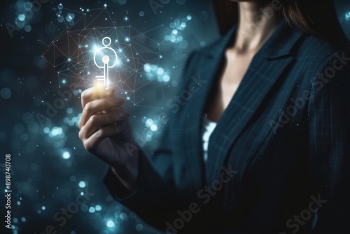 Businesswoman presenting a luminous key symbol