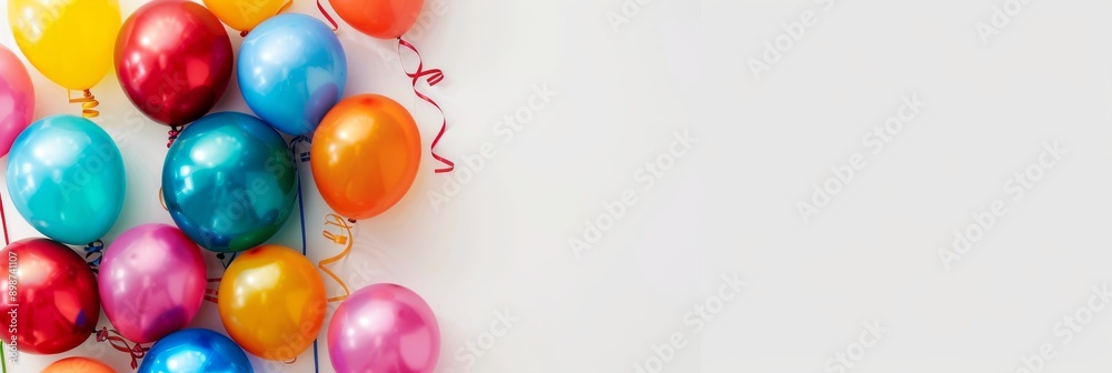A cluster of vibrant balloons, arranged in a diagonal line, against a plain white background. The balloons are arranged with ample space for text A cluster of vibrant balloons, arranged in a diagonal line, against a plain white background. The balloons are arranged with ample space for text