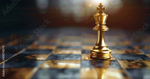 Golden Chess King Standing on a Checkerboard With Glowing Lights in the Backg...