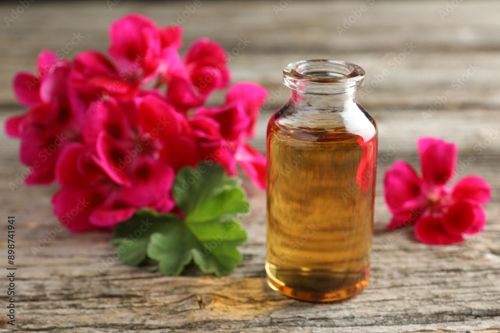 Bottle of geranium essential oil and beautiful flowers on wooden table, closeup Bottle of geranium essential oil and beautiful flowers on wooden table, closeup