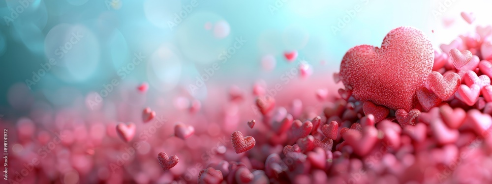 A heart-shaped object, surrounded by smaller hearts, is set against a blue and pink background with a hint of bokeh from the light A heart-shaped object, surrounded by smaller hearts, is set against a blue and pink background with a hint of bokeh from the light