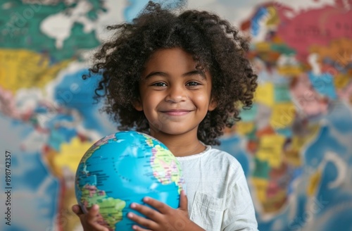 Little Girl Holding Blue and Green Globe