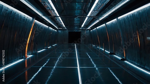 Metaled long tunnel in the light, long futuristic modern tunnel subway underground photo