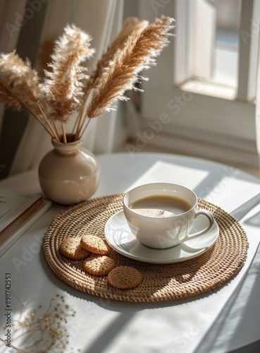 A Cup of Coffee and Cookies on a Wicker Placemat by the Window