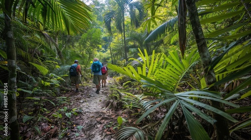 Group of People Walking Through Lush Green Forest