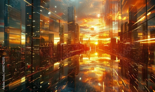 Cityscape View With Sunset and Light Streaks