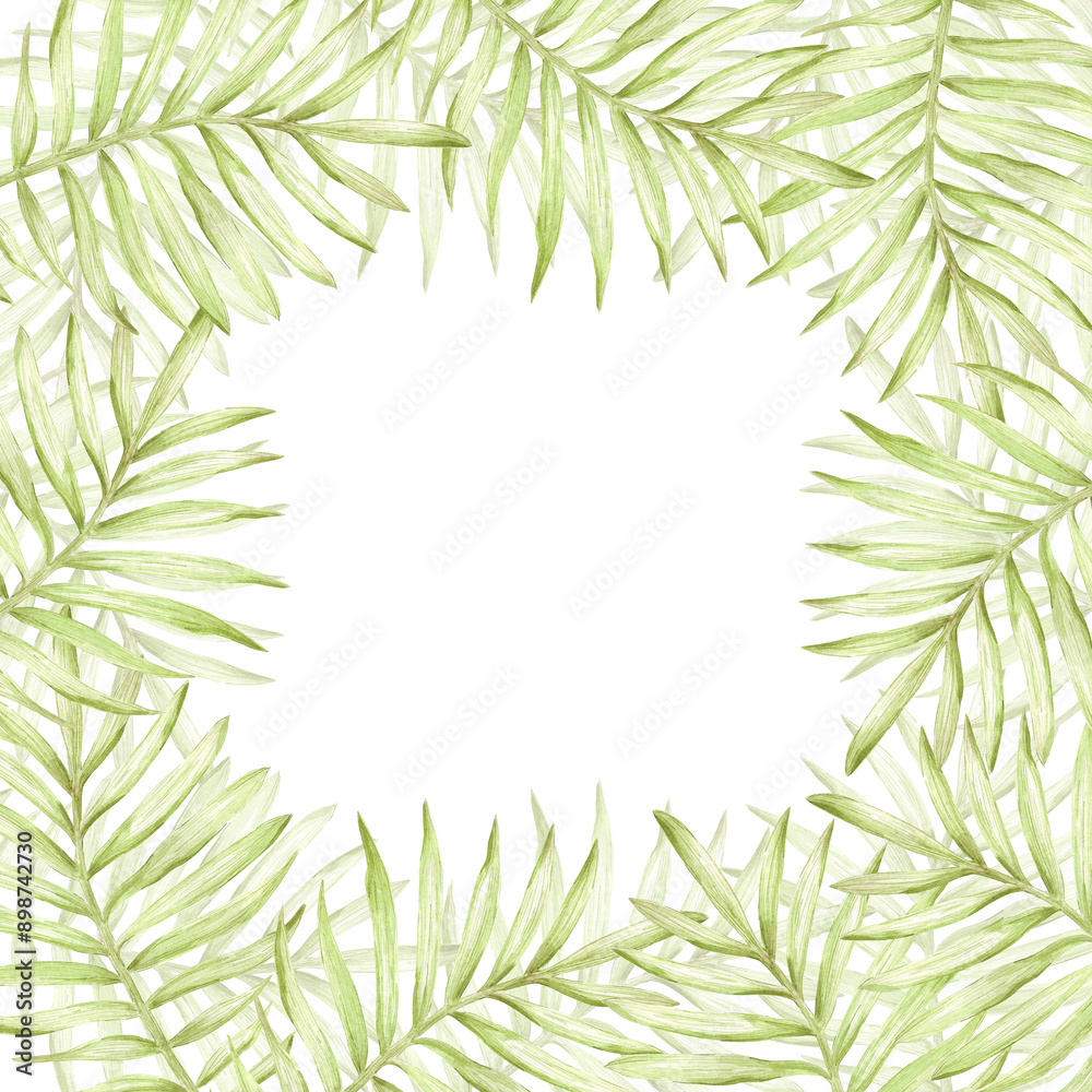 Hand drawn watercolor green palm tree leaves frame border isolated on white background. Can be used for card, invitation, scrapbook and other printed products. Hand drawn watercolor green palm tree leaves frame border isolated on white background. Can be used for card, invitation, scrapbook and other printed products.