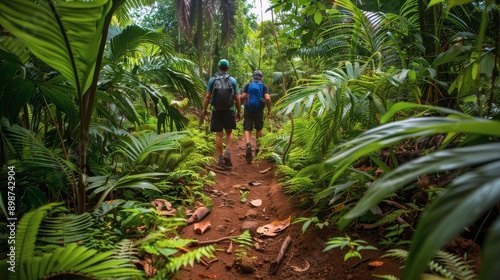 Group of People Walking Through Lush Green Forest
