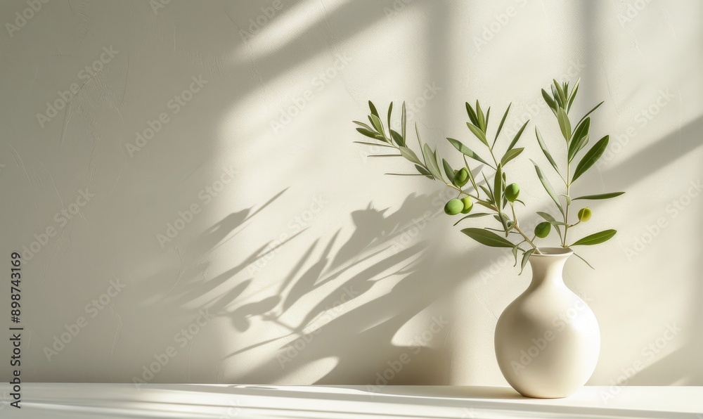 Olive Branch in White Vase With Sunlight and Shadow Olive Branch in White Vase With Sunlight and Shadow