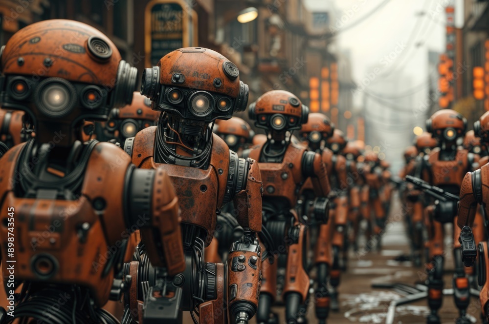 Fototapeta premium The bustling streets of a futuristic city are filled with a legion of sleek, intelligent robots demonstrating cutting-edge innovation.