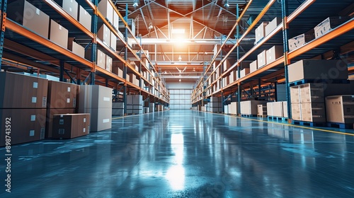 A large warehouse with numerous items. Rows of shelves with boxes.  Logistics. Inventory control, order fulfillment or space optimization. Illustration for advertising, marketing or presentation.