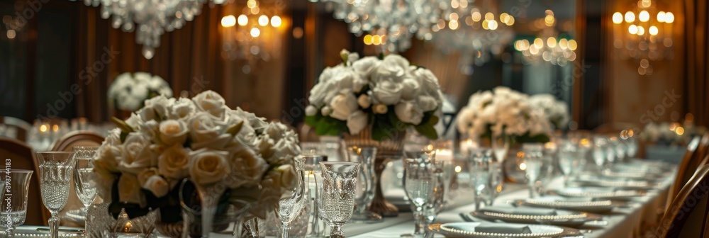A luxurious evening event with crystal chandeliers and white rose centerpieces adorns a formal dining table setting A luxurious evening event with crystal chandeliers and white rose centerpieces adorns a formal dining table setting