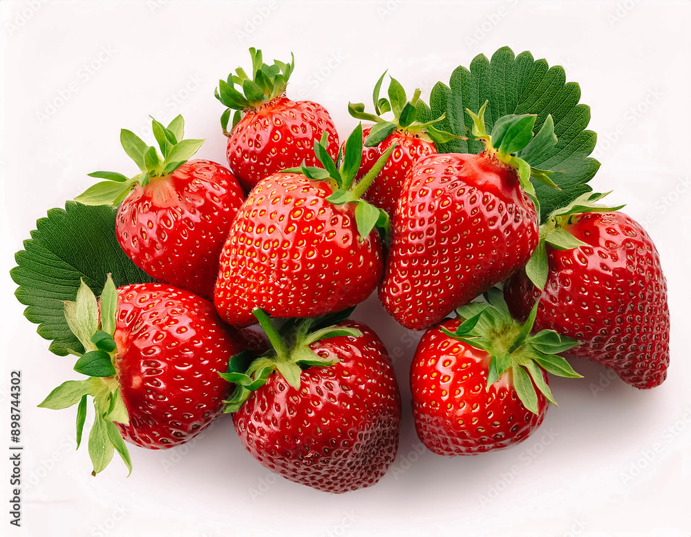 Juicy ripe strawberries with leaves isolated on a white background. Juicy ripe strawberries with leaves isolated on a white background.