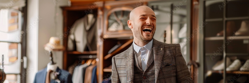 A man in a wedding suit laughs heartily in a clothing store with a variety of suits and hats on display A man in a wedding suit laughs heartily in a clothing store with a variety of suits and hats on display