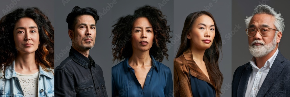Obraz premium Full-body portraits of a diverse group of people, showcasing a range of ethnicities, ages, and genders, standing against a neutral gray background
