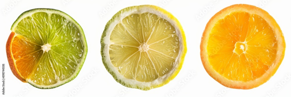 Obraz premium Three citrus fruit slices, a lime, lemon, and orange, are individually isolated on a white background. The slices are cut in half and show the juicy flesh