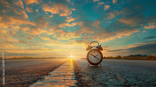 vintage alarm clock on the asphalt road leading to the horizon, with a beautiful sky at sunrise, symbolizing new beginnings and the concept of time management photo