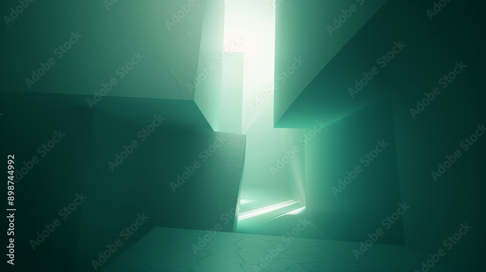 Fototapeta premium Sunlight beams into a modern, sleek room with a green background, creating a bright, airy atmosphere in a futuristic design