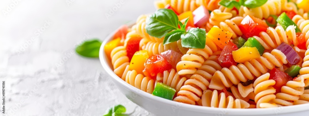 A white bowl holds pasta and vegetables atop a pristine table Nearby, a verdant plant boasts lush, green leaves A white bowl holds pasta and vegetables atop a pristine table Nearby, a verdant plant boasts lush, green leaves