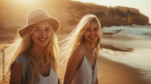 Best friends walking on the beach at sunset in the summer time