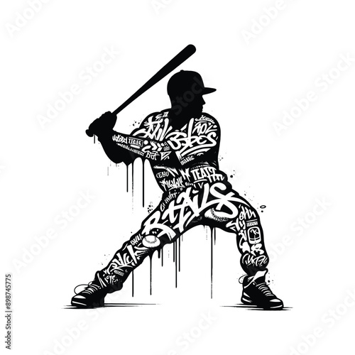 baseball male player in graffiti tags, street art pattern illustration, emblem shield badge