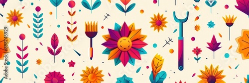 Colorful Floral Pattern with Garden Tools