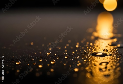 Water round droplets , macro on a dark mettallic shiny slab surface against a blurred background photo