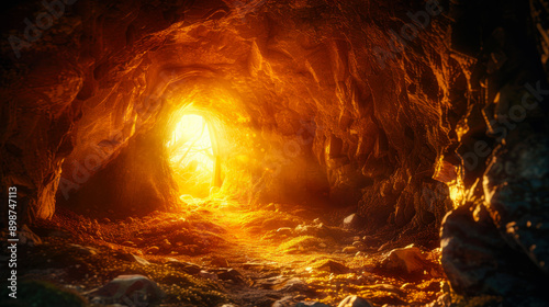 Golden light in underground cave