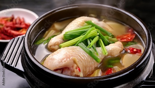 Korean chicken soup, samgyetang, stew made by twisting raw chicken legs and boiling them wit