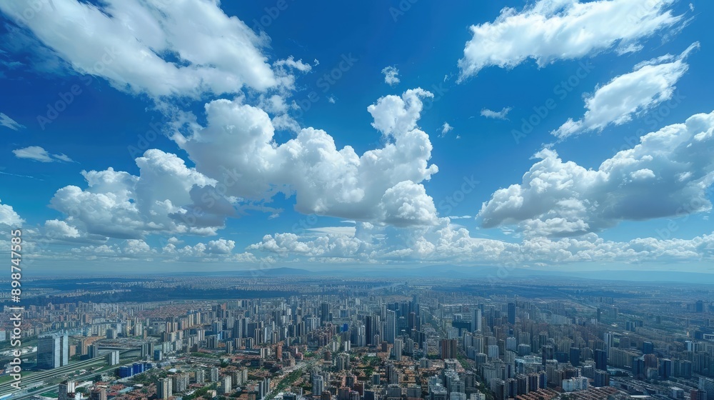 High altitude clouds over a city skyline, urban view from above, modern cityscape High altitude clouds over a city skyline, urban view from above, modern cityscape