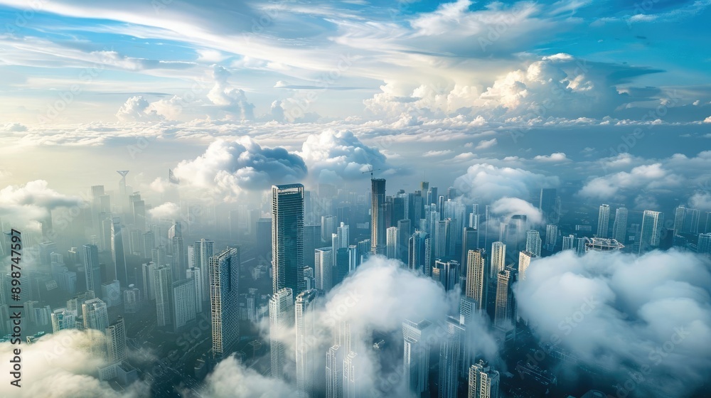 High altitude clouds over a city skyline, urban view from above, modern cityscape High altitude clouds over a city skyline, urban view from above, modern cityscape