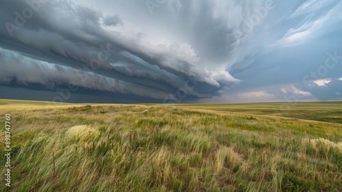 Rolling storm clouds over a vast prairie, expansive and dramatic, prairie storm