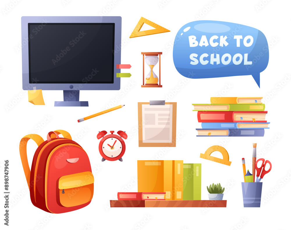 Set of school supplies. Vector icon set of school supplies with backpack, stickers, stationery, book shelf, pencils, alarm clock, stacks of books, notebook, computer. Back to school illustration Set of school supplies. Vector icon set of school supplies with backpack, stickers, stationery, book shelf, pencils, alarm clock, stacks of books, notebook, computer. Back to school illustration