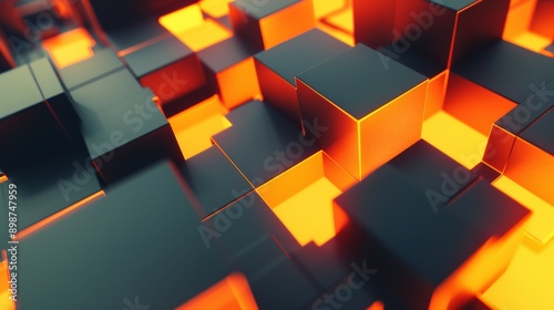 Fototapeta Naklejka Na Ścianę i Meble -  Dynamic and futuristic design created by black cubes emitting orange light from below in abstract background