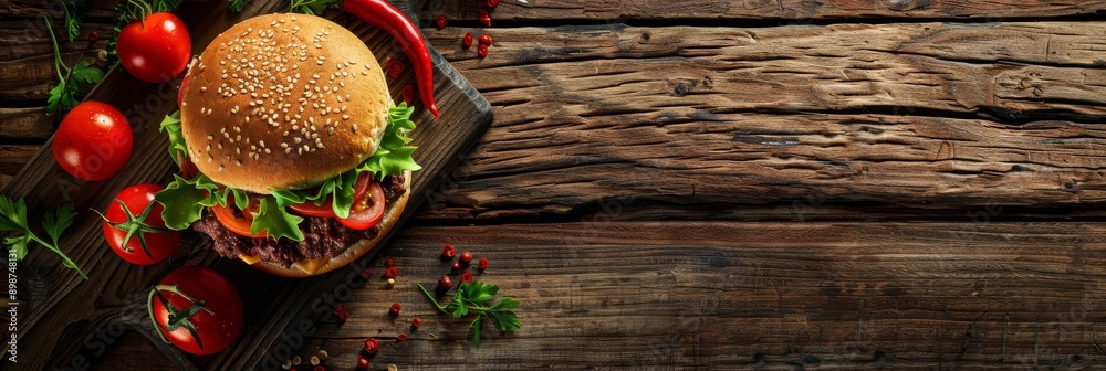 A gourmet burger with fresh ingredients is laid out on a rustic wooden board, surrounded by tomatoes, chili peppers, and herbs