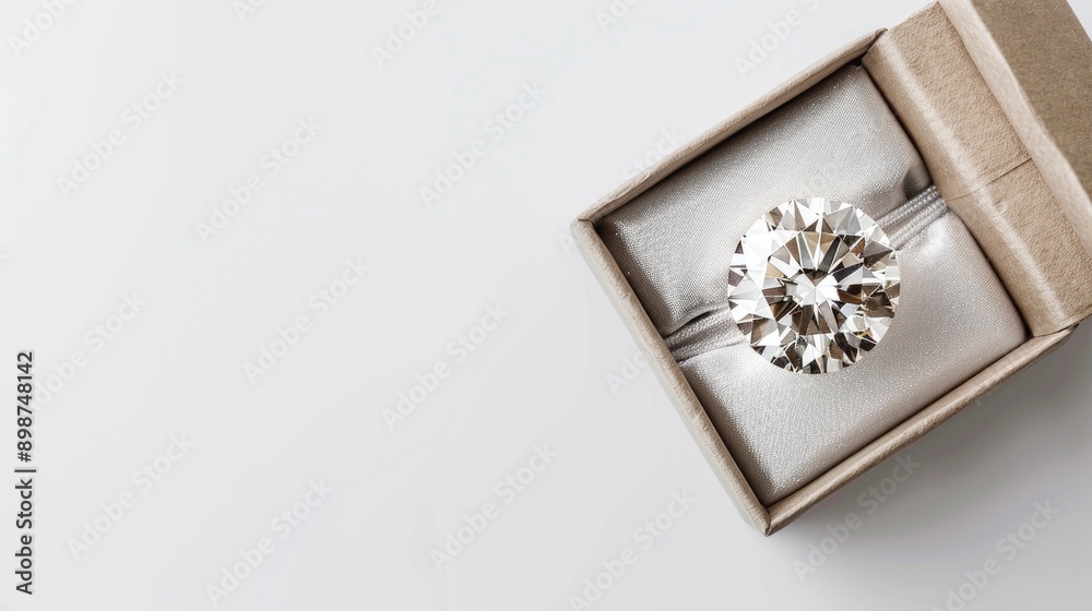 Fototapeta premium Large clear diamond in gift box viewed from above on white background Beauty and value illustration with space for text