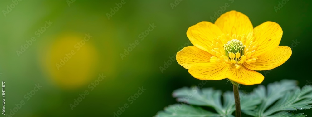  A tight shot of a yellow flower with green leaves in the foreground, against a backdrop of another yellow flower in the background