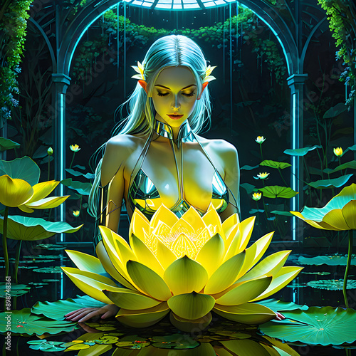 The sight of a stunning yellow mutant lotus with bright neon veins and glowing petals embracing a chrome-plated female figure in a gentle hug is truly mesmerizing. The contrast of the natural beauty o photo