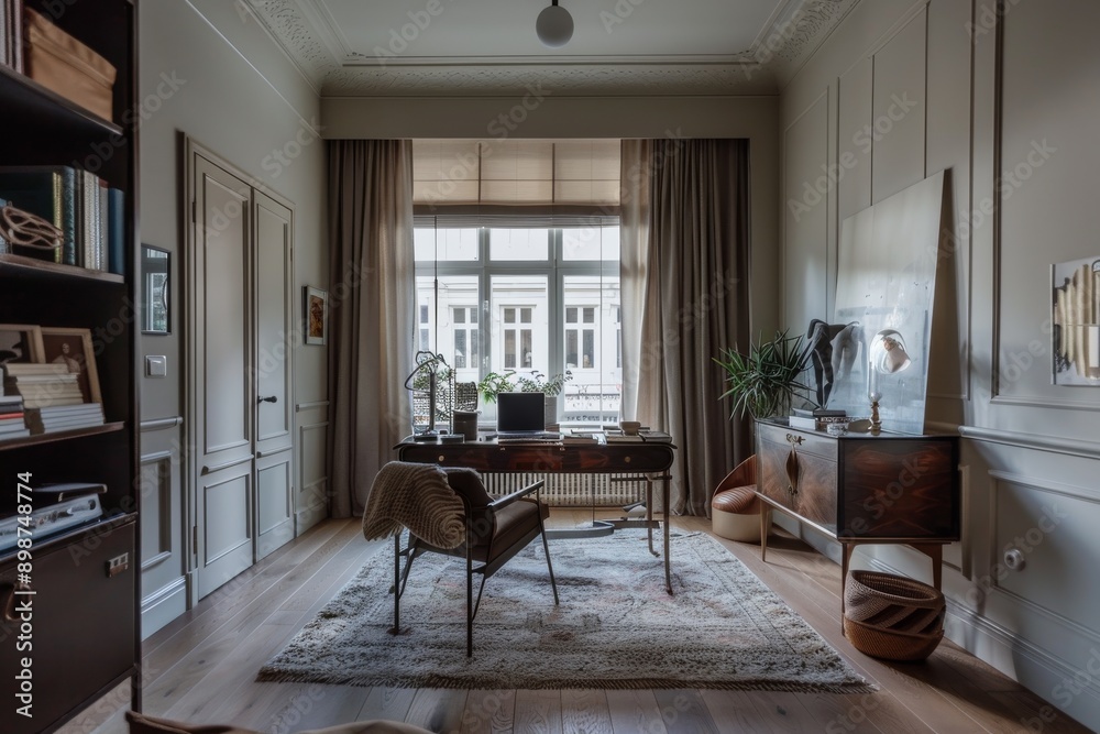 Luxury home office interior with desk, chair, bookshelf and window Luxury home office interior with desk, chair, bookshelf and window