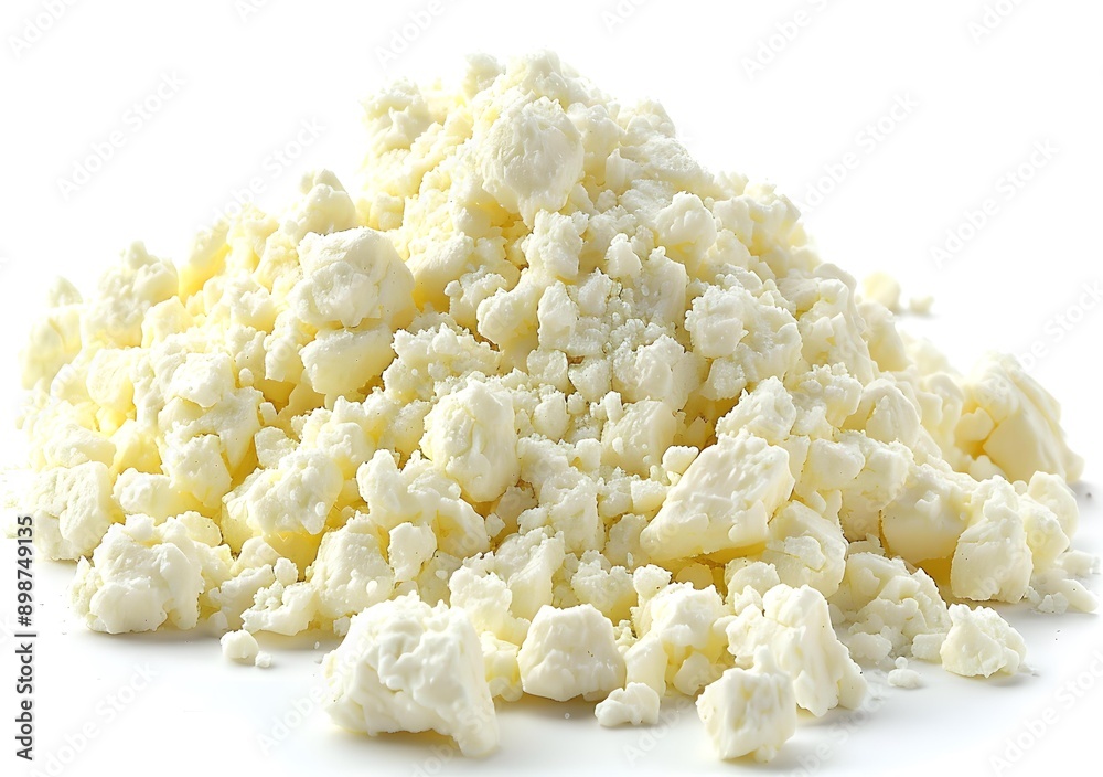 Close Up Of Crumbled Feta Cheese On White Background Close Up Of Crumbled Feta Cheese On White Background