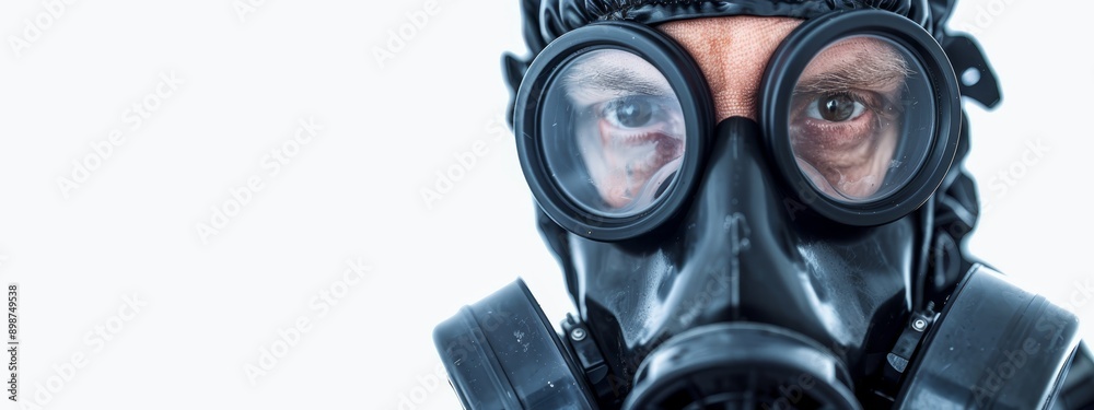 A man in a gas mask peers into large goggles via their lenses A man in a gas mask peers into large goggles via their lenses