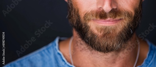  A tight shot of a bearded man's face, displaying a necklace draped around his neck