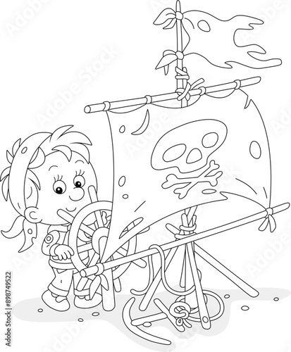 Happy little boy playing sea pirate with a sail with Jolly Roger and a toy wooden steering wheel, black and white outline vector cartoon illustration for a coloring book page
