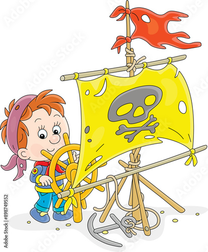 Happy little boy playing sea pirate with a sail with Jolly Roger and a toy wooden steering wheel, vector cartoon illustration isolated on a white background