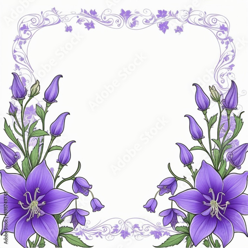 Blank piece of paper surrounded by frame of purple or blue bellflowers. Flowers arranged around paper, creating natural beautiful border. Background or template for a variety of purposes, copy space.