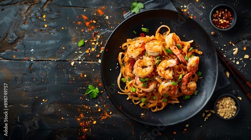 Udon noodle Pad Thai with shrimp on a matte black plate. Thailand food.