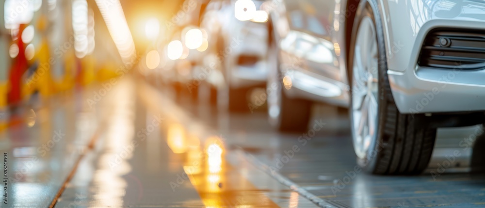 A tight shot of a car parked in a parking lot, adjacent to another vehicle A tight shot of a car parked in a parking lot, adjacent to another vehicle
