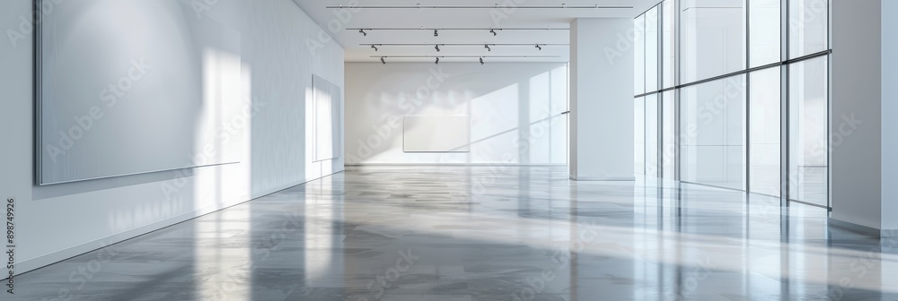 A wide-angle view of a modern art gallery with bright white walls and polished concrete floors reflecting natural light A wide-angle view of a modern art gallery with bright white walls and polished concrete floors reflecting natural light